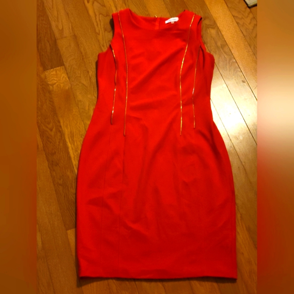 Calvin Klein Red Sheath Dress with Plunge Neckline